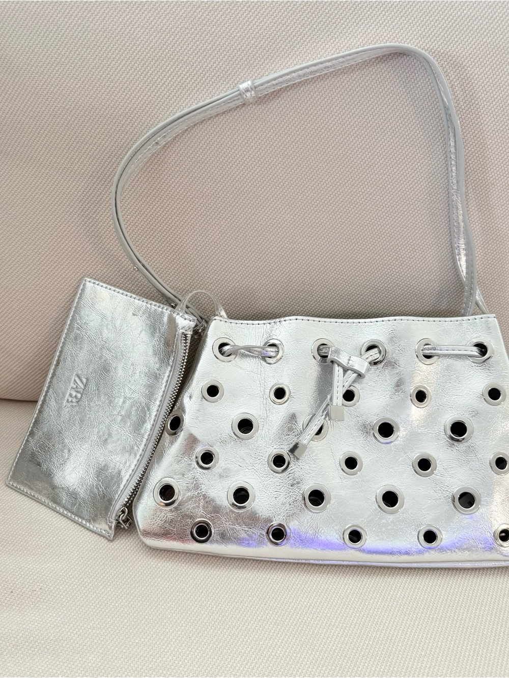 ZARA Metallic Silver Grommet Drawstring Shoulder Bag with Pouch